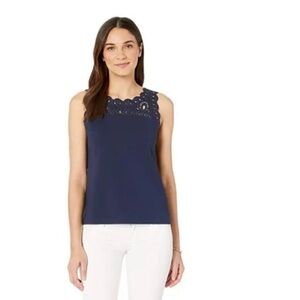 Lilly Pulitzer Top Womens XS True Navy Resort Ponte Edie Eyelet Embroidered